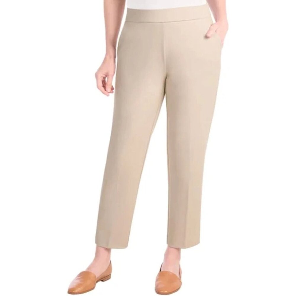 Hilary Radley Sm Crepe Pull-On Pants Textured Stretch Flat Front Slacks Beige